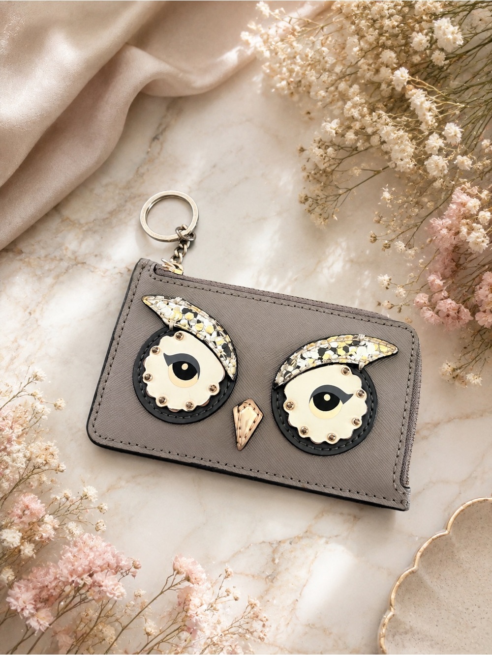 Kate Spade Women’s Poppy Owl Grey Cardholder Keychain Wallet Leather EUC